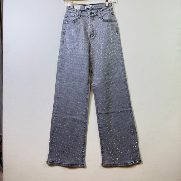 Nina Rossi Denim - NINA ROSSI Grey Rhinestone Embellished Wide Leg Jeans S